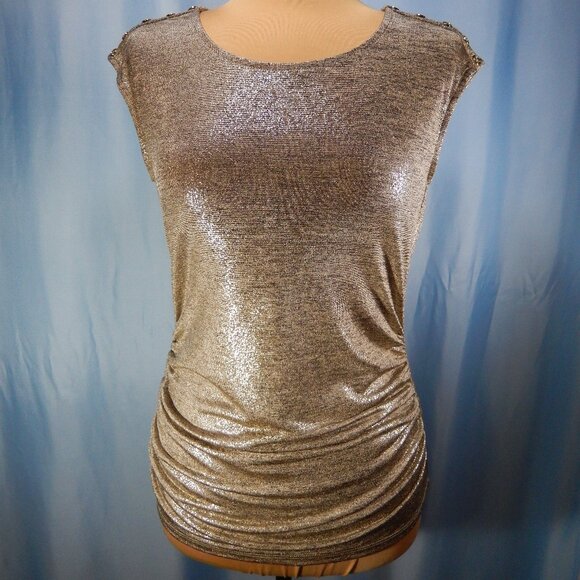 Calvin Klein Gold Shimmer Ruched Sleeveless Top Button Accents on Shoulder Small - Picture 1 of 14